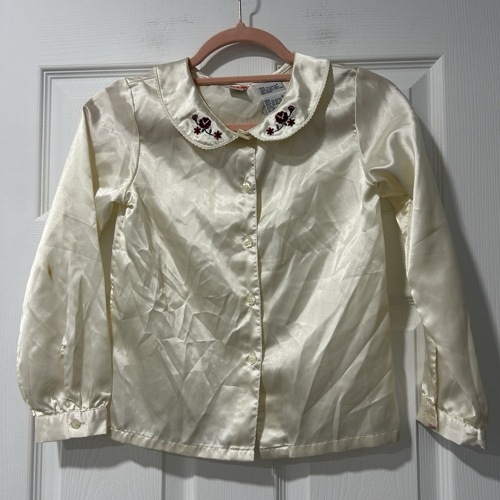 McKids Vintage Ivory Long Sleeve Collared Polyester Shirt Size Girls 8